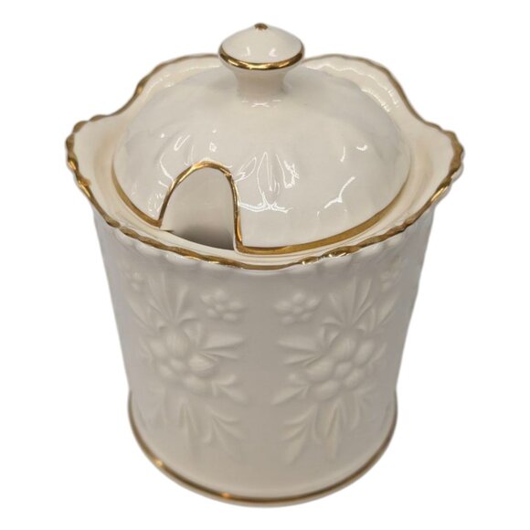 Vtg Aynsley Camellia Lidded Marmalade Jam Jar Cream Gold Trim Embossed 5" - Picture 3 of 10